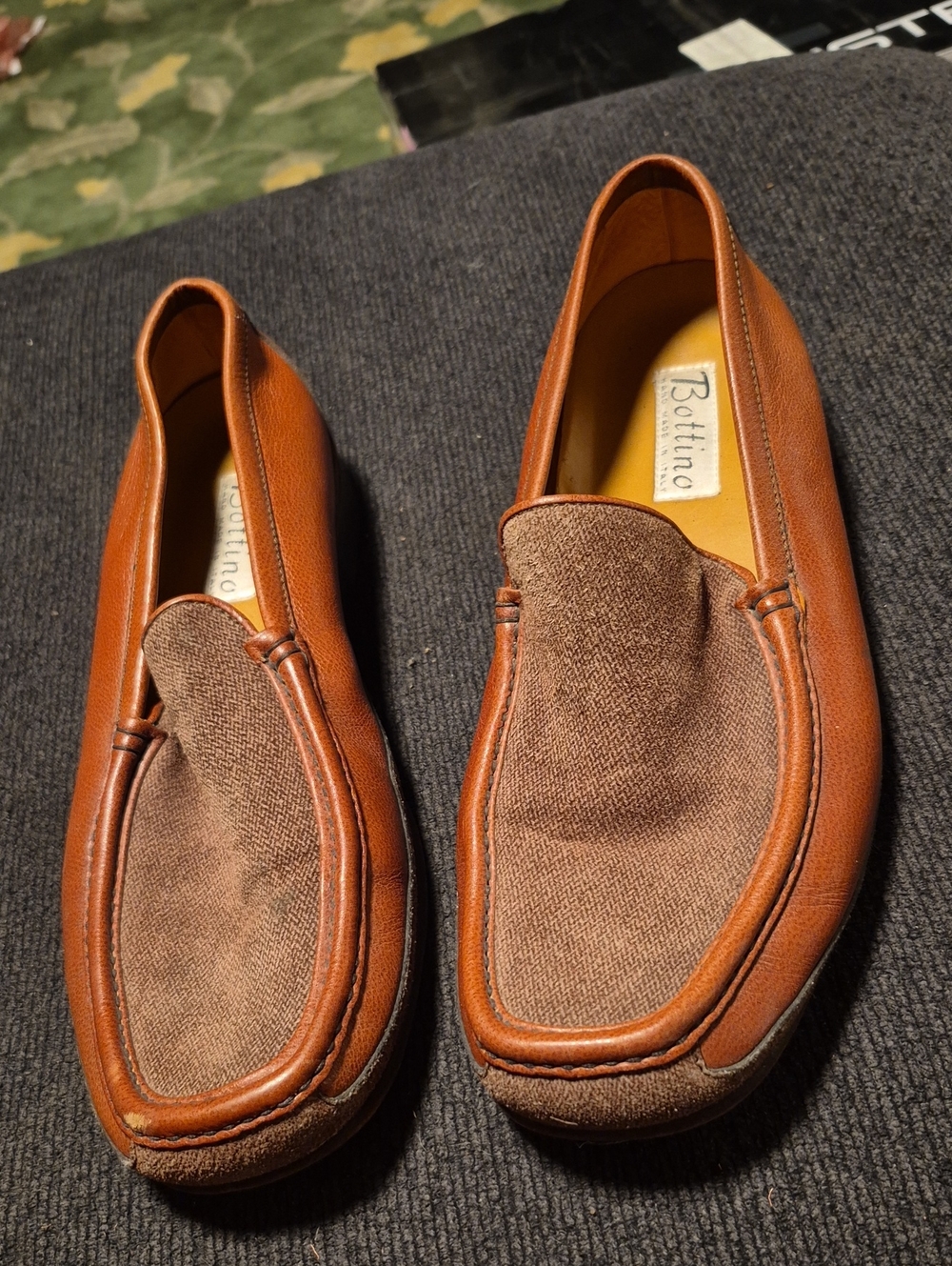 Men's Tan Leather & Brown Fabric Slip-On Loafers